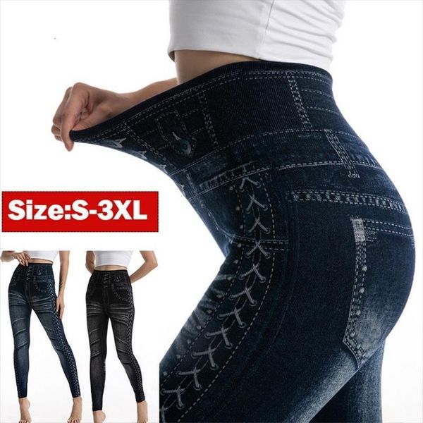 

high waist imitation jean pants womens legging push up seamless skinny pencil pant female elastic sport leggins, Black