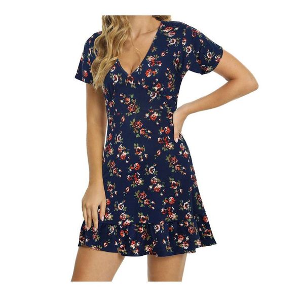 

casual dresses women short sleeve floral print dress fashion cutout deep v-neck loose midi beach cover ups bohemian, Black;gray