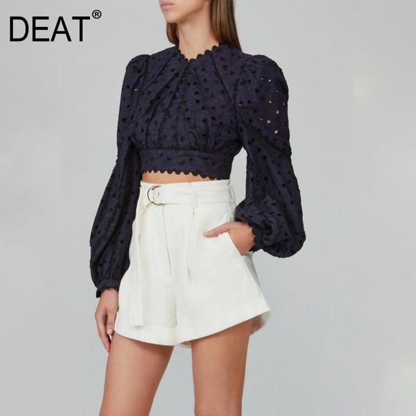 

[deat]o-neck collar lantern long sleeve flower embroidery hollow out jacket high waist linen shorts set summer gx451 210428, White