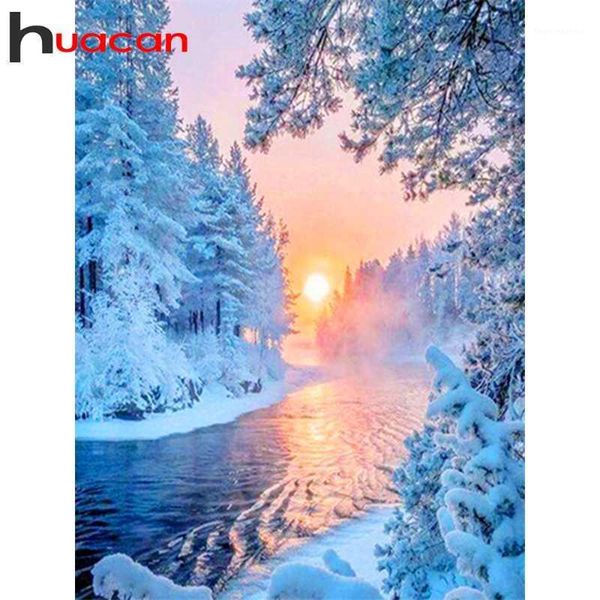 

huacan 5d diy diamond painting landscape sunset embroidery sale winter river mosaic cross stitch decor for home1