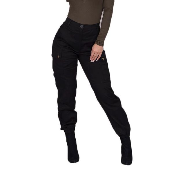 

women casual high waist pants pencil skinny pocket long trousers fashion cargo vintage black slim fit women's & capris, Black;white