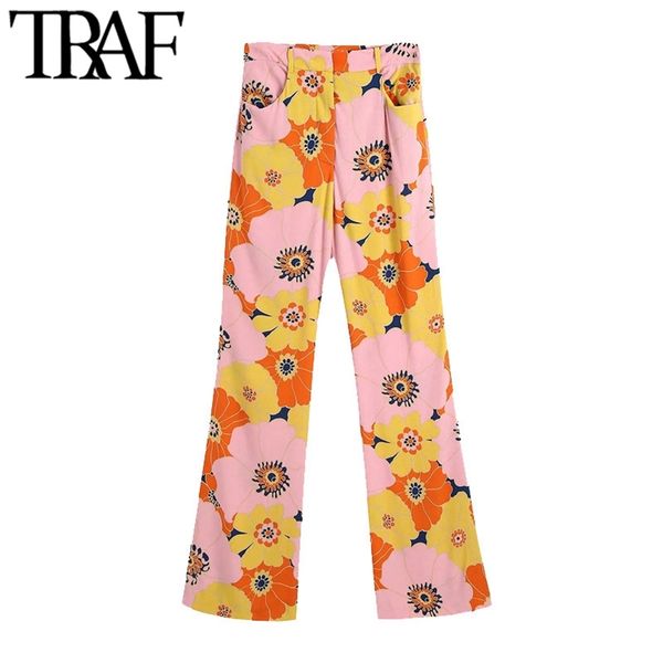 

women chic fashion side pockets floral print flare pants vintage high wait zipper fly female trousers mujer 210507, Black;white