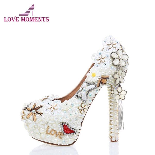 

pearl wedding dress shoes in white color gorgeous design flower tassel rhinestone bridal love style party prom pumps, Black