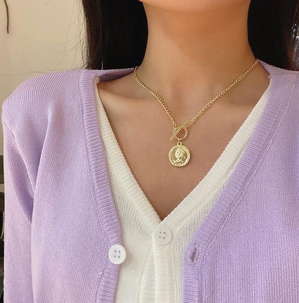 

vintage head portrait coin pendant necklaces for women femme gold color link chain toggle clasp circle chokers necklace, Silver