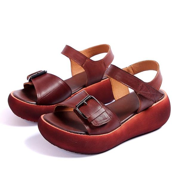 

dress shoes thick-soled leather peep-toe comfortable sandal fashion retro oat cowhide casual sandals for women in summer, Black