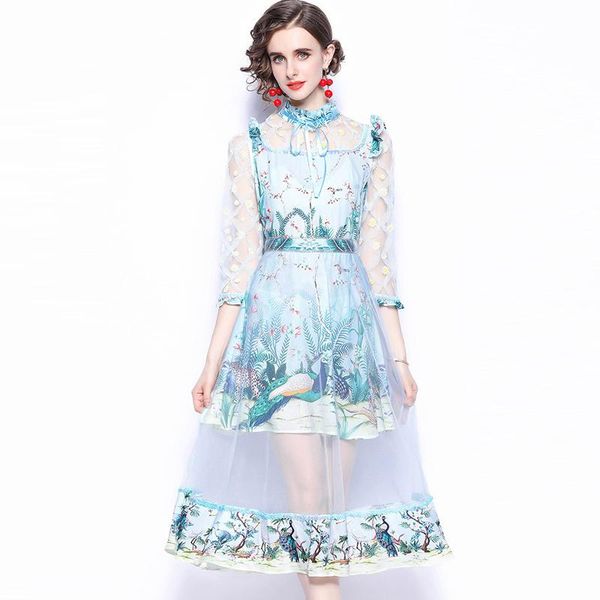 

casual dresses runway fashion designer summer dress women's elegant ruffles mesh patchwork 3/4 sleeve animal flower print mid vestidos, Black;gray