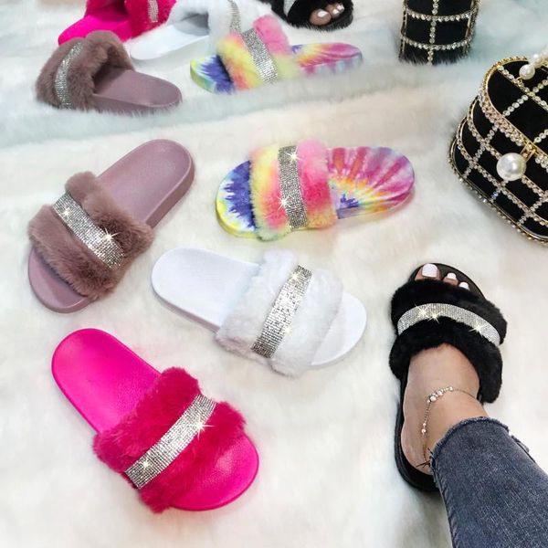 

slippers 2021 european and american fashion color rhinestone hair pad dyed pattern one-word cool female outer, Black