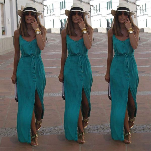

summer fashion long womens dresses buttons maxi boho evening party solid beach split sundress, Black;gray