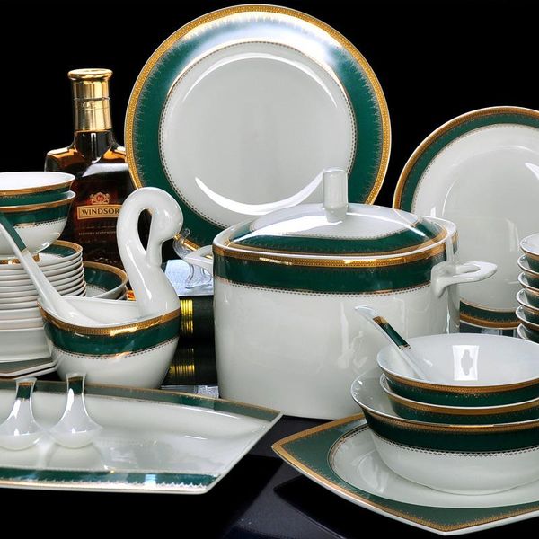 

european style bone china tableware emerald ceramic bowls plates set green porcelain dinnerware wedding gift disposable