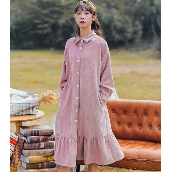 

casual dresses women solid vestidos mujer vintage single-breasted long corduroy dress, Black;gray