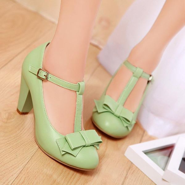 

dress shoes pxelena 2021 celebrity lolita womens bowtie t-strap block high heels ankle strap mary jane pumps lady plus size us4.5-.5, Black