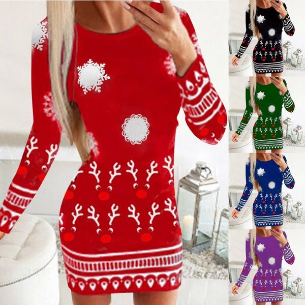 

casual dresses christmas snowflake elk print dress women 2021 spring elegant puff shoulder long sleeve lady fashion slim mujers, Black;gray