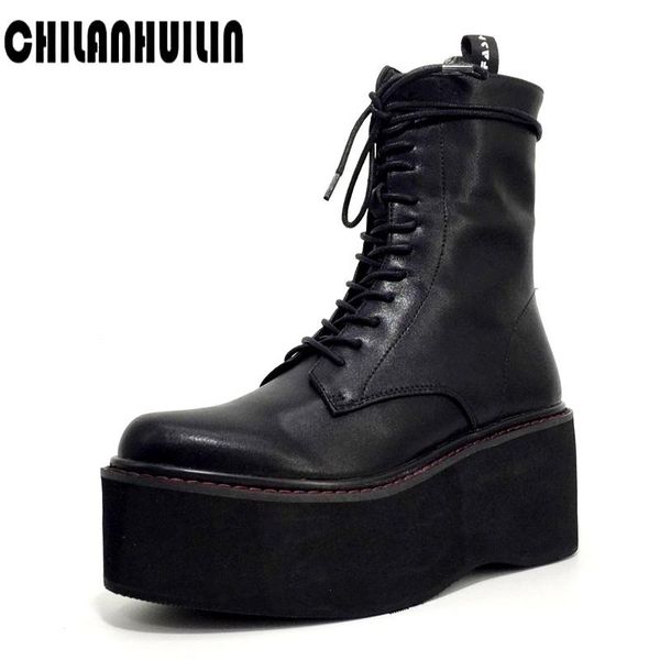 

boots soft genuine leather elegant cozy ladies ankle fashion lace-up autumn winter platform women's wedges outdoor shoes woman, Black