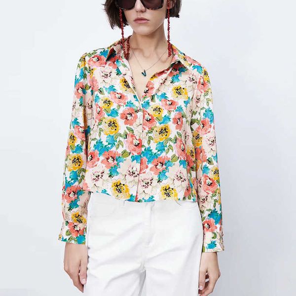 

spring shirt women fashion retro za lapel single-breasted flower print 's casual chic street 210601, White