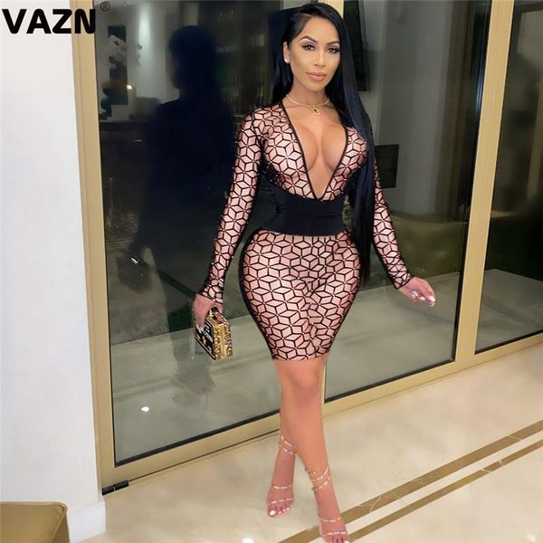 

casual dresses vazn striped print v-neck elegant fashion mujer chic ladies slim holiday shinny dress 2021 full sleeve lady mini, Black;gray