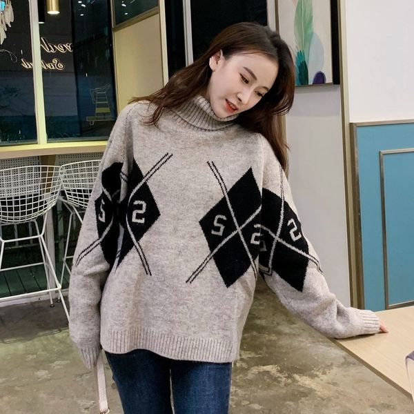 

women's sweaters autumn and winter turtleneck women's foreign fashion wear loose lazy wind warm jacket sweater zvw2, White;black