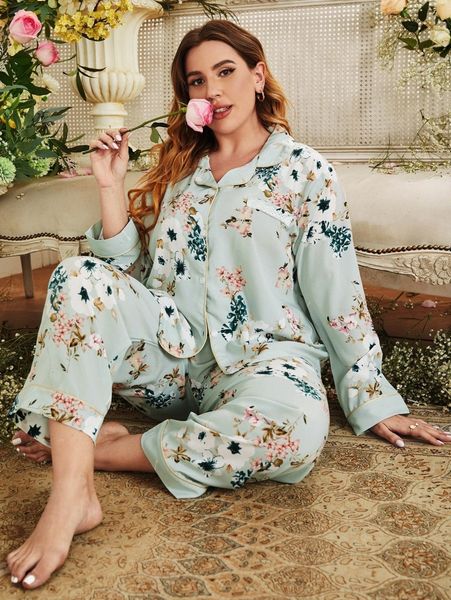 

plus floral print contrast piping pj set 3703#, Black;white