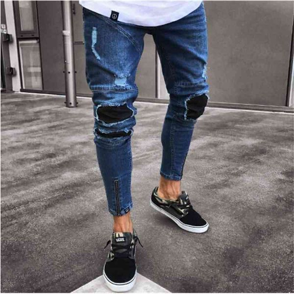 

mens high street fashion pencil pants jeans male ripped holes zipper design blue jeans distressed biker washed denim pants mens jeans