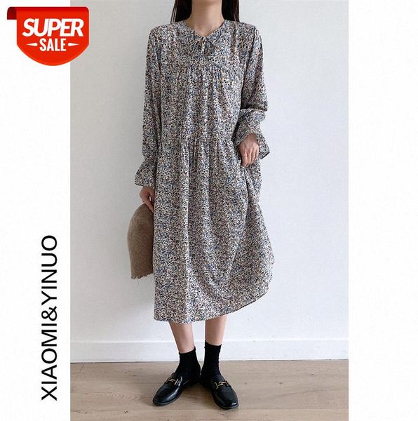 

[ou fan] 7513 retro style v-neck floral chiffon dress female temperament trumpet sleeve long skirt #hb5c, Black;gray