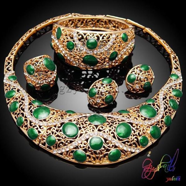 

earrings & necklace gold-color set bollywood fashion jewelry big alloy green oil drip 2021 wholesale, Silver