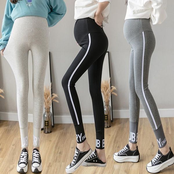 

6133# maternity pants spring autumn elastic waist belly support letter printing leggings trousers bottoms, White