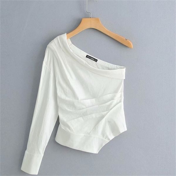 

women fashion solid color one shoulder pleated shirt blouses irregular hem white roupas femininas chemise shirt ls3222 210420