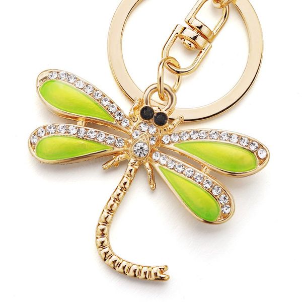 

chic dragonfly keyrings keychains for women green insect key chains rings holder for car crystal bag pendant, Slivery;golden