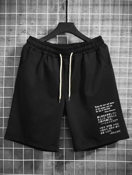 

men korean & japanese slogan graphic drawstring waist shorts i0p6#, Black