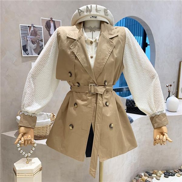 

women's vests niche design clothing 2021 autumn medium length lace up blazer vest shirt slim two piece set, Black;white