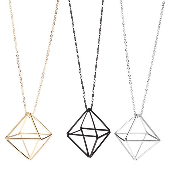 

pendant necklaces womens clothing accessories three-dimensional hollow triangle geometry sweater necklace female long, Silver