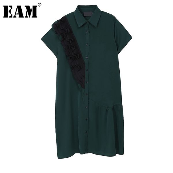 

[eam] women green ruffles hem big size shirt dress lapel short sleeve loose fit fashion spring summer 1dd5931 210512, Black;gray