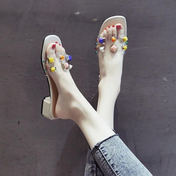 

women's slipper summer rough and transparent rivets beach shoes slippers, Black