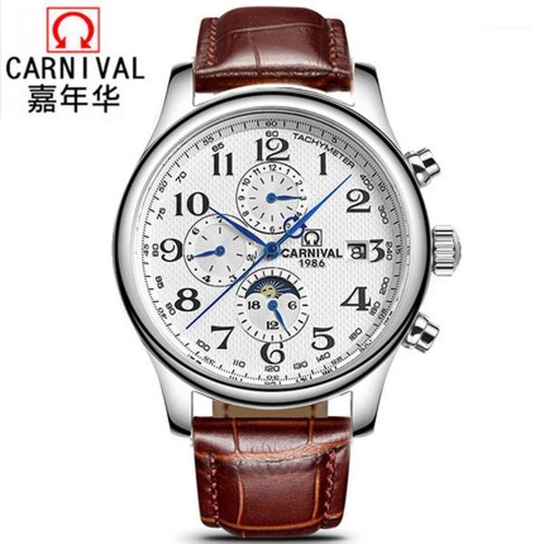 

carnival watches men automatic mechanical man watch waterproof multi-function moon phase tachymeter clock c0702-3 wristwatches, Slivery;brown