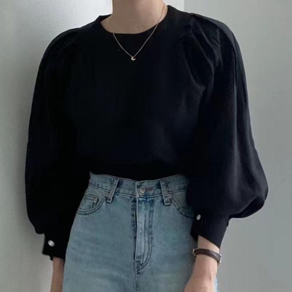 

women's blouses & shirts blouse 2021 autumn korean version french simple round neck puff sleeve shirt temperament casual solid color fa, White