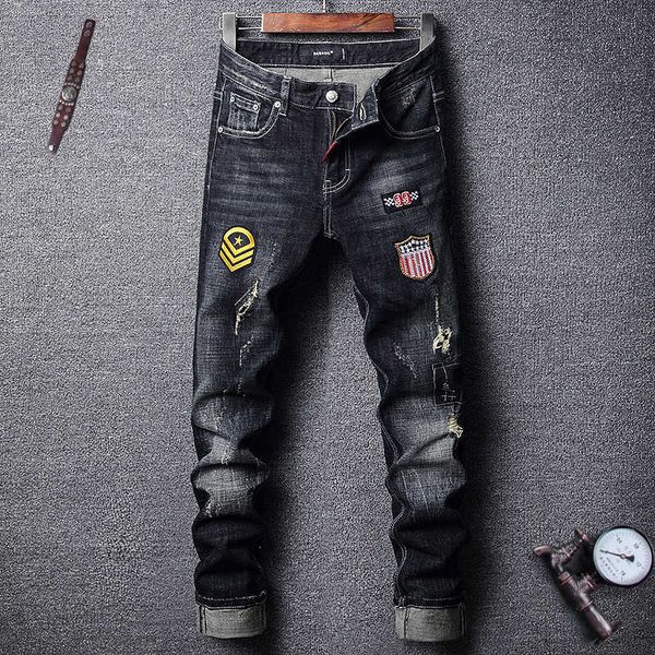 

men's jeans ly fashion black blue slim fit patches designer ripped men pants streetwear hip hop homme ac0z 7o1q