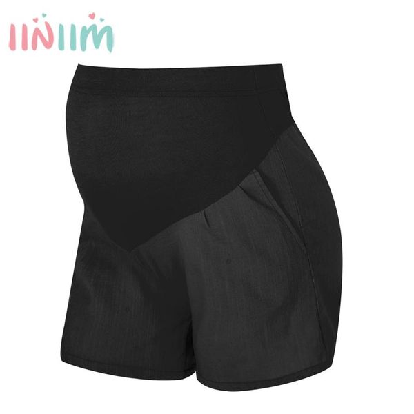 

maternity bottoms pregnancy pants summer cotton casual loose shorts high waist solid color adjustable belt with pocket for pregnant women, White