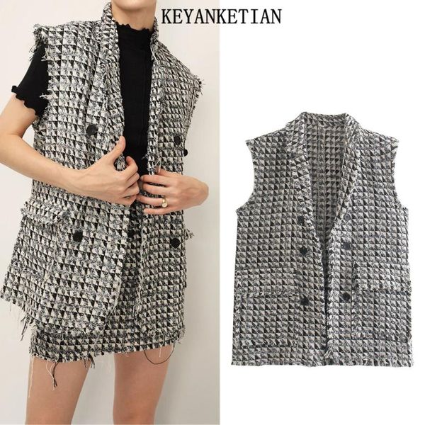 

women's vests keyanketian 2021 spring and autumn lapel plaid woven vest jacket fringe fringed, Black;white