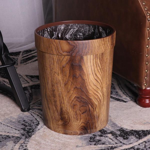 

waste bins retro style pressing ring plastic trash can household office mimetic wood grain dustbin garbage for bedroom 25*31.5cm