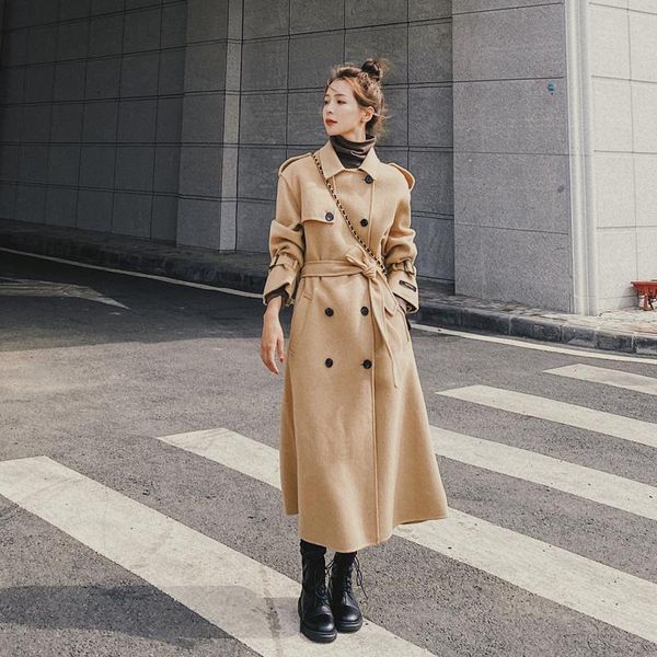 

women's wool & blends brand england style double-breasted long women coat winter warm thick outerwear female clothes with belt, Black