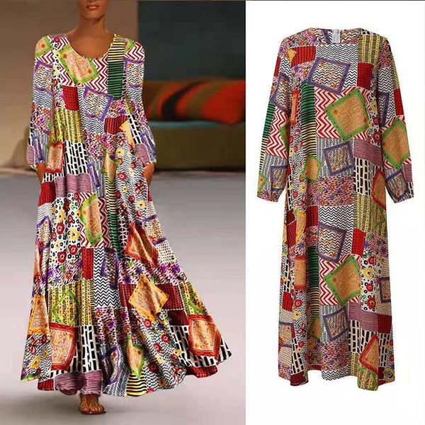 

echoine women floral maxi dress long sleeve large plus size printing splice bohemian dresses female sundress clothes casual, Black;gray