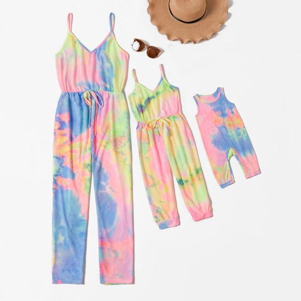 

jumpsuits family matching outfits tie-dye printed mommy and me clothing set long off-shoulder rompers jumpsuit toddler girl clothes, Blue
