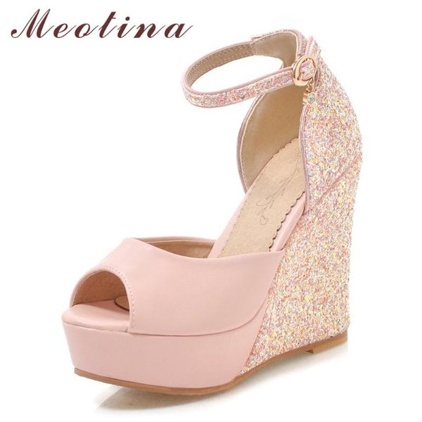 

dress shoes meotina high heels women glitter platform wedge heel party buckle peep toe ankle strap pumps lady big size 4 43, Black