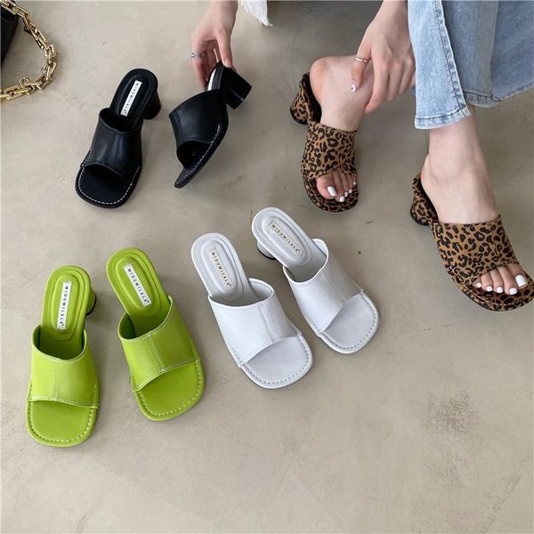 

slippers women summer shoes pu slides low fashion heeled mules rubber flip flops square toe pantofle leopard luxury high hawaiia, Black