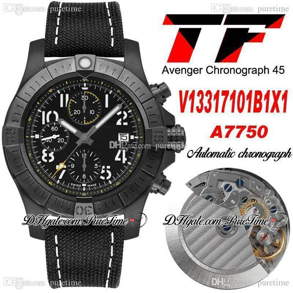 

tf night mission 45 eta a7750 automatic chronograph mens watch pvd steel black dial white number markers nylon strap v13317101b1x1 satch wat, Slivery;brown