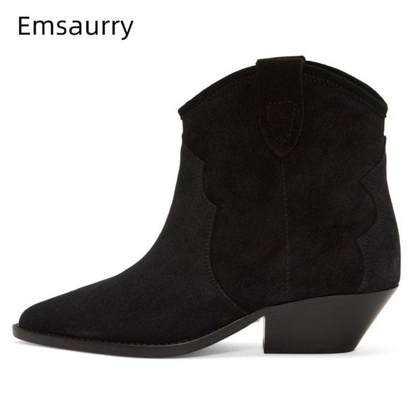 

boots 2021 autumn suede runway botas mujer point toe med square heel slip-on sewing patchwork ankle women, Black
