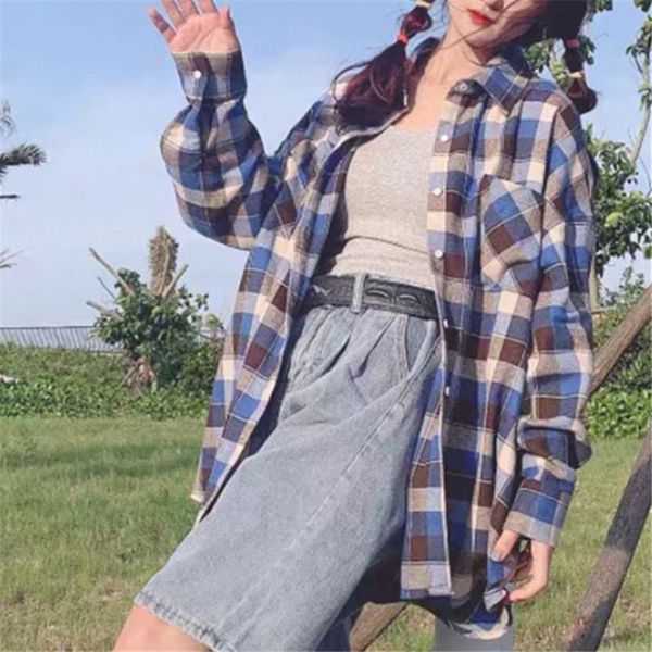 

women's knits & tees streetwear women blue plaid shirts 2021 fashion ladies turn down collar loose causal female chic pocket, White