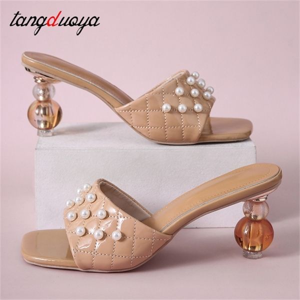 

slippers heels women pearl summer slides shoes ladies mules square toe 2022 indoor house zapatillas mujer pumps y1120, Black