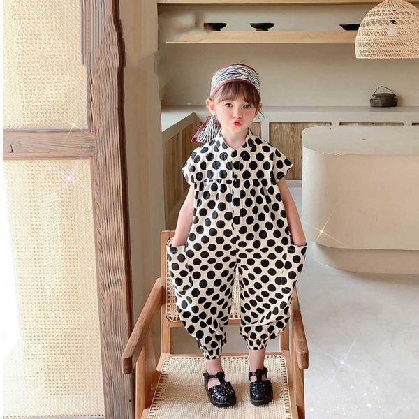 

girls summer dot loose jumpsuits children fashion casual sleeveless o-neck thin rompers clothes 210615, Blue