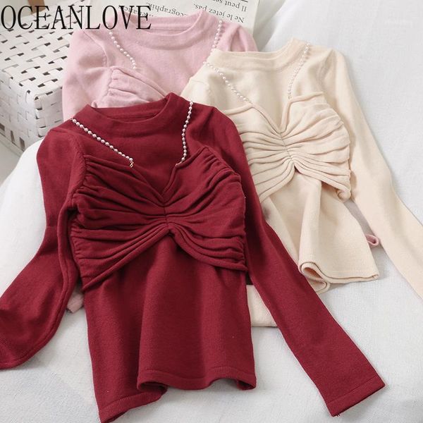 

beading solid pleated women sweaters vinatge fake two pieces pullovers 2021 spring autumn pull femme 135441, White;black