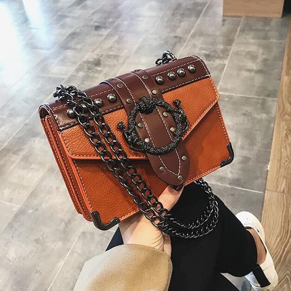 

chain small bag 2021 trendy retro rivet shoulder square korean messenger cross body